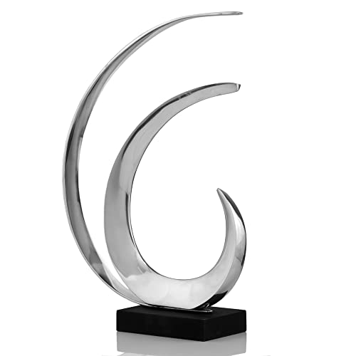 Escultura Oleada Wave Abstracta en Aluminio Plata Base Negra