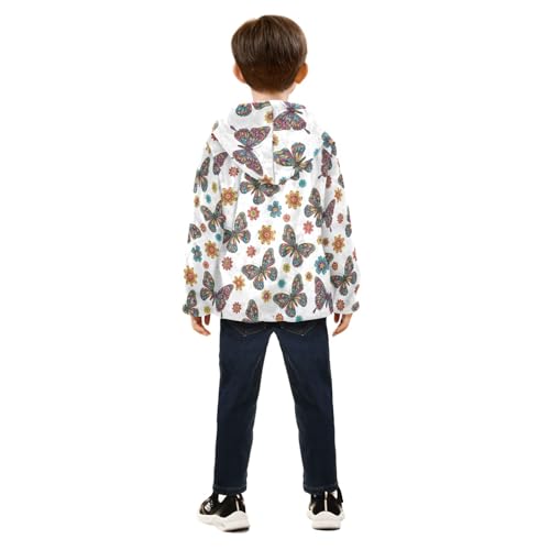 CHIFIGNO Colorful Butterfly White Kids Fleece Zip up Jacket, Warm Light Fleece Jacket 3T4