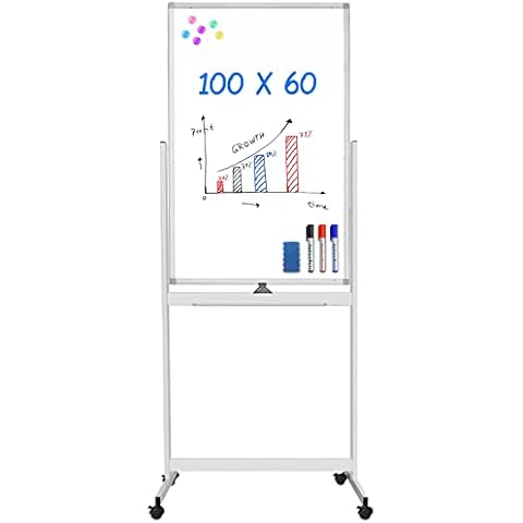 Mobile White Board, 100 x 60 cm Double Sided Dry Erase Board Rolling Whiteboard Aluminum Frame Standing Whiteboard on Wheels (Silver, 100x60) Cover