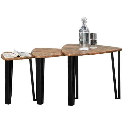 HOMCOM Ensemble de 3 Tables Basses gigognes encastrables Style Industriel piètements métal Noir en épingle Plateaux Aspect Bois de Noyer