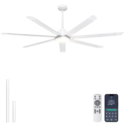 Ohniyou Ventilador de Techo de 182 cm con Luz, Ventiladores de Techo Industrial Grande con Control Remoto/APP, 7 Aspas de Aluminio, Motor DC Silencioso, Ventilador para Terraza Exterior Garaje, Blanco