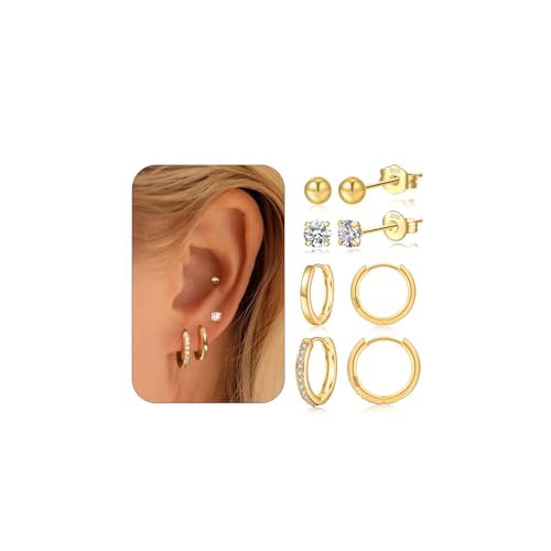 JEMARA Gold Hoop Earrings For Women 14K Gold Plated Small Hoop Earrings Cubic Zirconia Stud Huggie Cartilage Earring Sets for Multiple Piercing 4 Paris Gold Earrings Set for Women