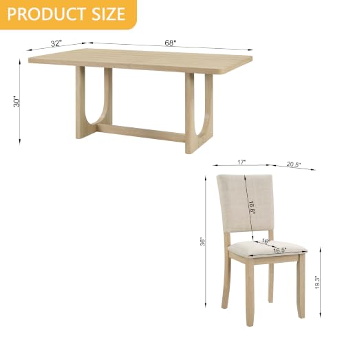 Image of KEIKI 7-Piece Standard Height Dining Table Set with Rectangular Table, 6 Upholstered Curved Backrset Chair, for 6 Person, Modern Style Table Set, Easy Assembly, for Kitchen, Dining Room, Light Oak