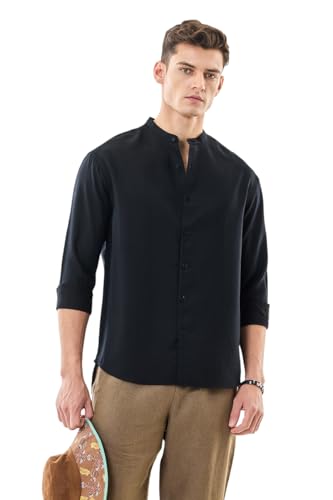 Image of SNITCH Men Casual Shirt | Oversized Fit Full Sleeve Mandarin Collar Solid Design | Modal Blend & Breathable Fabric for Everyday Wear & Semi-Formal Occasions