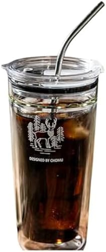 タンブラーグラス 二重構造グラス 蓋付き 420ml ストロー付き ガラスコップ 密閉性 耐冷耐熱 防止 こぼれにくい 密閉性 厚底 大容量 お洒落 誕生日 記念日 贈り物 (B)