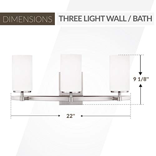 Image of Generation Lighting Alturas 3-Light Wall Bath Sconce in Brushed Nickel | Damp-Rated Wall Sconce Mounts Vertical or Horizontal, Satin Etched Glass, Bathroom Vanity Light, or Bathroom Fixture for Bath