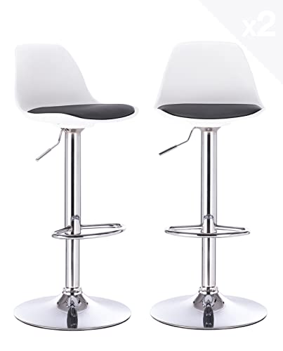KAYELLES Lot de 2 tabourets de Bar Design Coussin Simili Cuir rembourré, Repose Pieds, réglable en Hauteur et pivotant 360° Pied Chrome SIG (Blanc - Noir)