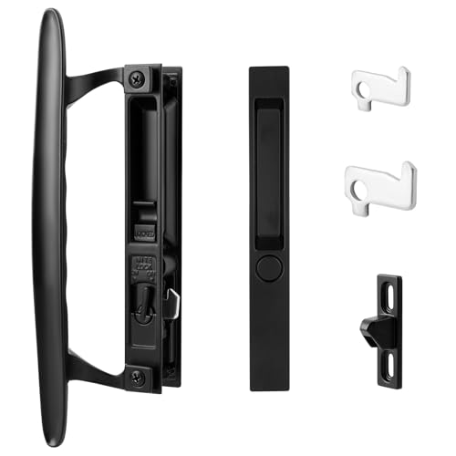 Ruigrit Patio Glass Door Replacement Handle Set with Lock 6-5/8 H.C. Fits 1 to 1-1/8 Sliding Thick Doors Non-Keyed Black Diecast Reversible Design
