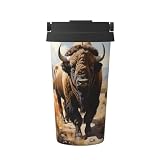 North American bison herd printed insulated coffee mug with airtight lid and handle, reusable, lightweight and stylish. Sports thermos mug.