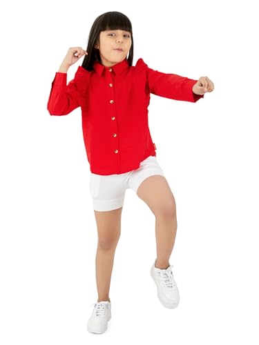 Image of olele Girls Full Sleeve Ruffles Cotton Linen Shirt - White for 4 to 14 Years | Kids Girl White Shirt | White Ruffle Shirt for Girls | Shirt Jeans