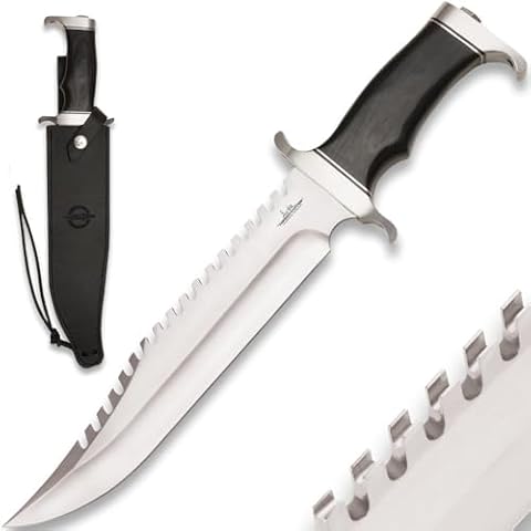 GIL HIBBEN Extreme Survival Survivor Bowie Knife With Leather Belt Sheath | 7Cr17 Stainless Steel Sawback Blade | Hefty Handguard and Pommel | Pakkawood Handle | Take into the Wilderness | Overall Length 15" Cover