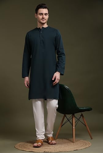 Image of SKAVIJ Men's Pure Cotton Solid Kurta Pajama Set Round Neck Casual Yoga Dress (KP096green Green L)