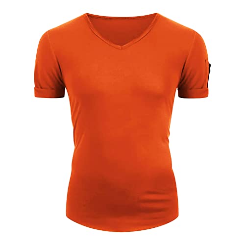 Maiyifu-GJ Men's Muscle Workout V Neck Tee Athletic Bodybuilding Short Sleeve Shirts Stretch Slim Fit T Shirts with Zipper (Orange,Medium)