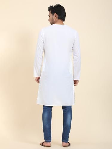 Image of Amazon Brand - Anarva Men's Cotton Solid Round Neck Kurta Long Sleeves Straight Knee Length Casual Shirt