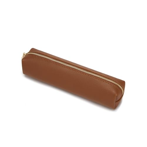 Image of Faux Leather Color Pencil Case Multifuncional and Simple with Zipper for School (Yellow Brown)