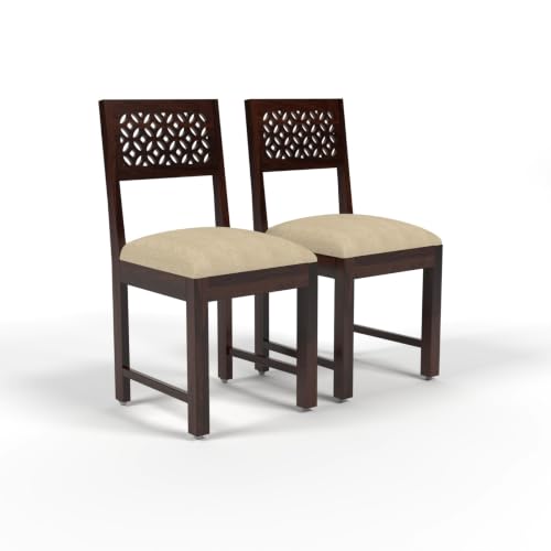 Image of Solid Sheesham Wood Dining CNC Chair for Living Room & Dining Room | Wooden Chair with Upholstered Cushion Seat | Handcrafted Carved Backrest | Walnut Finish (Set of 2)