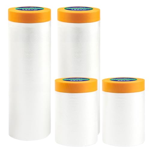 Moosono 4 Rollen Abdeckfolie mit Klebeband Malerfolie Abklebeband mit Folie (280cm*20m 150cm*20m 55cm*20m x 2) Selbstklebende Gold Tape Masking Master Malerkrepp zum Staubschutz Fenster Tür Möbel
