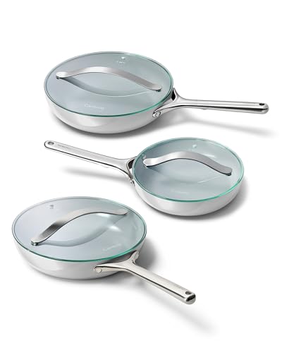 Image of Caraway Ceramic Nonstick Fry Pan Set with Glass Lids - Includes Two 10.5 inch Fry Pans, One 8 inch Fry Pan, & Three Lids - Non Toxic, PTFE & PFOA Free - Oven Safe & Compatible with All Stovetops - Gray