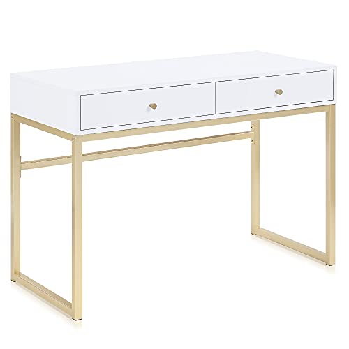BELLEZE Modern 42 Inch Makeup Vanity Dressing Table or Home Office Computer Laptop Writing Desk with Two Storage Drawers, Wood Top, and Gold Metal Frame - Bronte (White) 42" Rectangular Shap