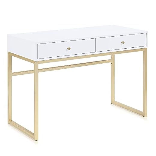 BELLEZE Modern 42 Inch Makeup Vanity Dressing Table or Home Office Computer Laptop Writing Desk with Two Storage Drawers, Wood Top, and Gold Metal Frame - Bronte (White)