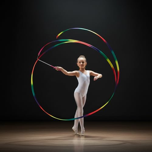 Image of YGEOMER 2Pcs Dance Ribbons for Kids, Neon Rainbow Gradient Gymnastics Ribbon Wands, Ballet Party Favors for Girls, Birthday Performance Props