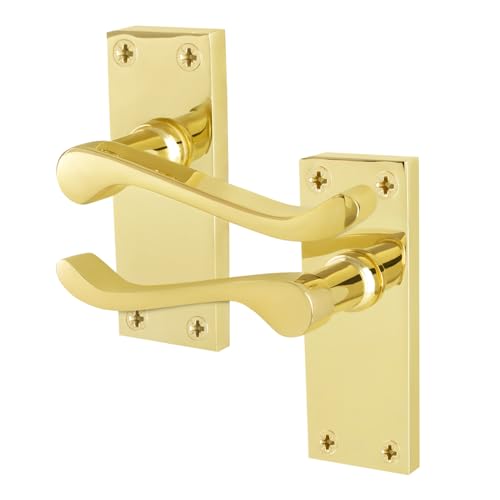 EAI Brass Victorian Scroll Latch Handles 1 Pair of Polished Brass Internal Lever Door Handles on Backplate