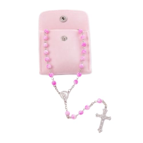 Rosary Beads Catholic for Women - Confirmation Gifts for Teenage Girl, Plum Blossom Bead Artificial Pearl Rosary Beads with Pink Velvet Pouch
