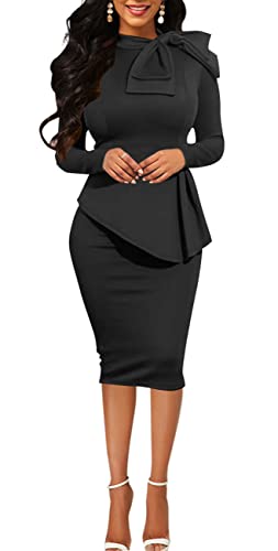 Image of Women's Fashion Peplum Bodycon Dresses Short Sleeve Bow Club Ruffle Pencil Party Dress