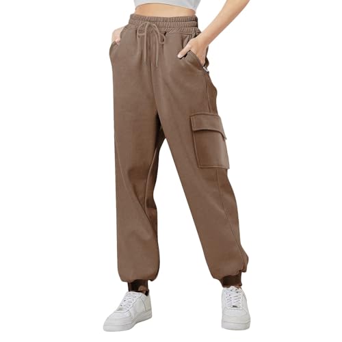 Girls Baggy Cargo Sweatpants Wide Leg High Waist Loose Athletic Kids Joggers Fall Hiking Running (Brown, 13-14 Years)