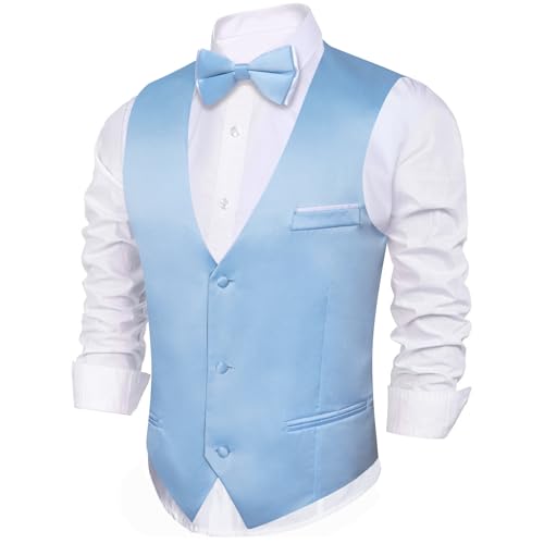 Image of Barry.Wang Mens Suit Vest Bow Tie Set 4PCS Formal V-neck Slim Fit Casual Solid Color Waistcoat Wedding Party Tuxedo