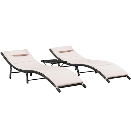 Flamaker 3 Pieces Patio Chaise Lounge with Cushions Unadjustable Modern Outdoor Furniture Set PE Wicker Rattan Backrest Lounger Chair Patio Folding Chaise Lounge with Folding Table (Beige)