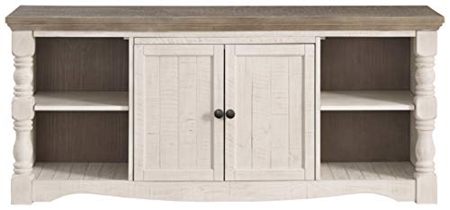 Signature Design By Ashley Havalance Farmhouse Tv Stand Fits Tvs Up To 65", 2 Door Cabinet And Shelves For Storage, Vintage White & Weathered Gray #TOP2