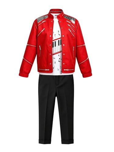Boys Retro Red Jacket Set with 3D Graphic T-Shirt and Black Trousers 5