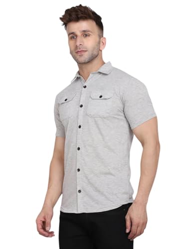 Image of Men's Half Sleeve Shirt - Spread Collar Casual Shirt with Double Flap Pockets - Slim Fit Cotton Blend Button-Down