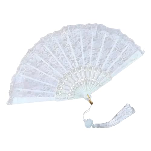 Abanico de Encaje Blanco Plegable para Novia con Bolsa de Seda - Abanicos para Baile y Verano