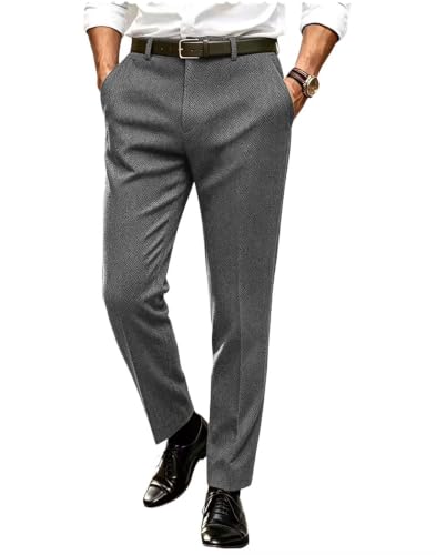 Ceehuteey Men's Retro Herringbone Wool Dress Pants