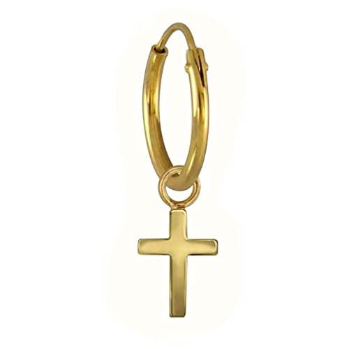 Gold cross earring for men Dangling Small cross earring 14K