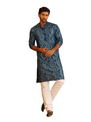 Image of SOJANYA (Since 1958 Men's Silk Blend Navy Blue Kurta with Multi Color Embroidery