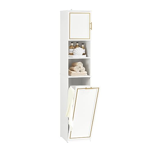 Grande armoire de rangement de salle de bain avec panier à linge, design moderne peu encombrant, armoire haute élégante blanche et dorée pour les...