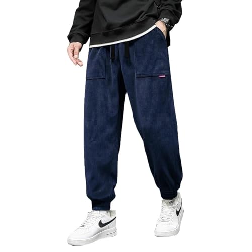 WZIKAI Herren-Cordhose, elastische Taille, Kordelzug, konisch, Jogginghose, lässig, lang, modische Hose mit Taschen, Marineblau, Groß