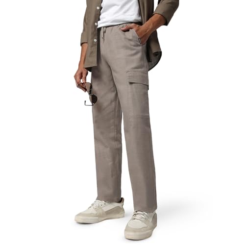 Image of Urbano Fashion Men's Straight Fit Linen Cargo Pants with 6 Pockets