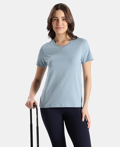Image of Jockey AW89 Women Super Combed Cotton Rich Fabric Relaxed Fit V-Neck Half Sleeve T-Shirt