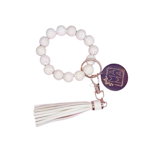 SCRDPRAD MAMA - Llavero de pulsera para mujeres y niñas, llavero de cuentas de madera, cadena de muñeca, llavero antipérdida, Blanco cremoso, Medium