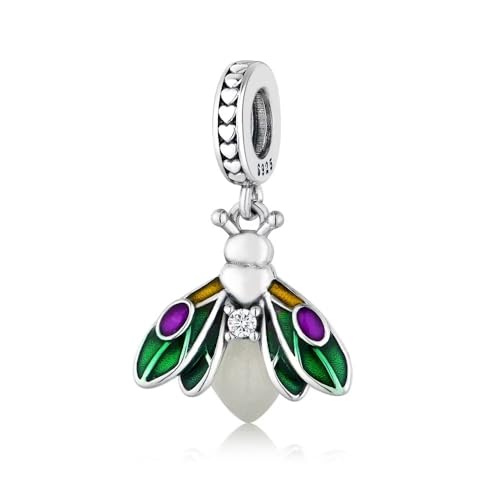 CIlight Glow-in-the-Dark Firefly Pendant Dangle 925 Sterling Silver Charms Fit for All Brand Bracelet Jewelry Gifts for Women (Colourful winged firefly)