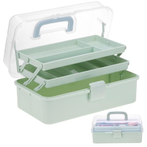 Tackle Box Craft Organizers and Storage 3-Layer Portable Folding Toolbox Plastic Tool Box with Handle for Sewing Supplies Medicine Art Supplies Nails and Hair Accessories (Haze Green 12.5inch)