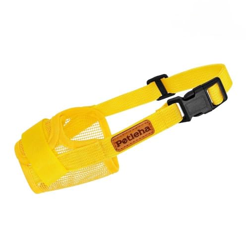 Image of Dog Muzzle, Breathable Mesh for Grooming & Nail Care, Yellow, S | Adjustable head and snout straps, quick-release buckle, soft padded edges