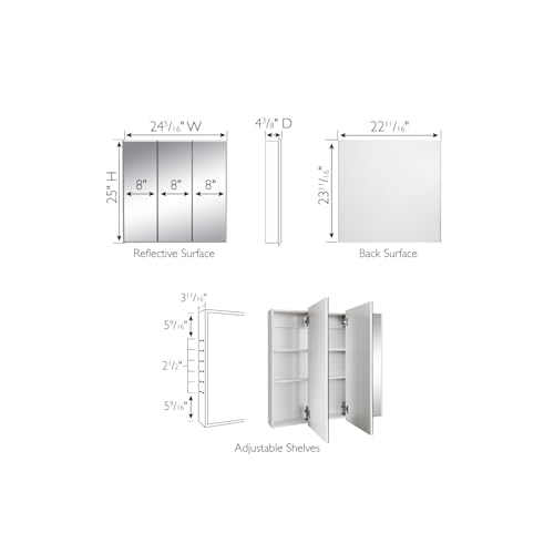Image of Design House Cyprus Bathroom Medicine Cabinet with Mirror, 25 Inch Recessed or Surface Mount Cabinet, 3 Frameless Mirrored Doors, 2 Shelves, White, Pre-Assembled, 597484