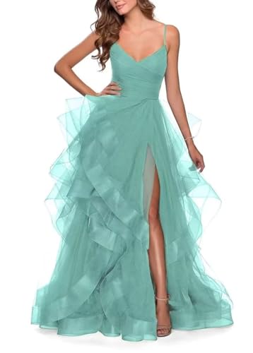 Tiered Tulle Prom Dresses 2025 Long Sparkly Tulle Ball Gowns A Line Women V-Neck Formal Evening Party Gown with Slit