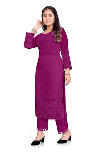 Image of IMPEX Hand Embroidered Chikankari Georgette Kurta for Women | Kurti | 3 /4th Sleeves | Round Neck | Ethnic Kurta | Ideal for Casual Wear, Festive, Wedding & Parties