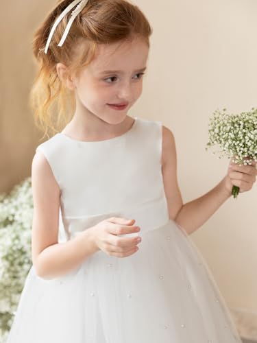Girls Pearls Satin Tulle Flower Girl Dresses for Wedding Party Crewneck First Communion Dress with Bow4